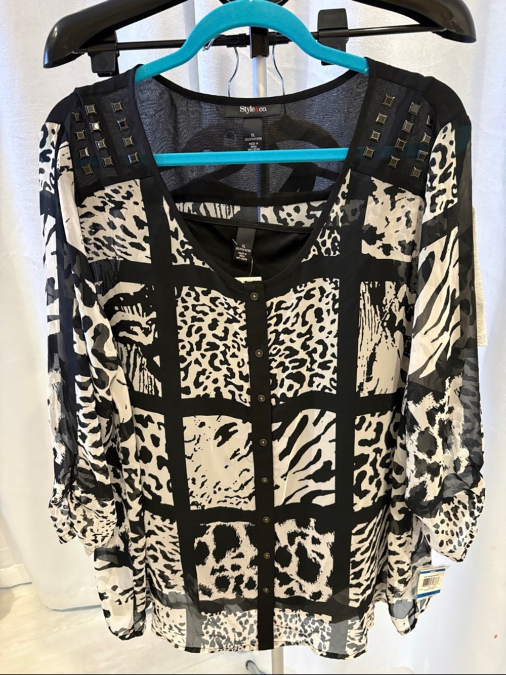 Style & Co. Black and White Animal Print Button-Front Blouse w/undershirt